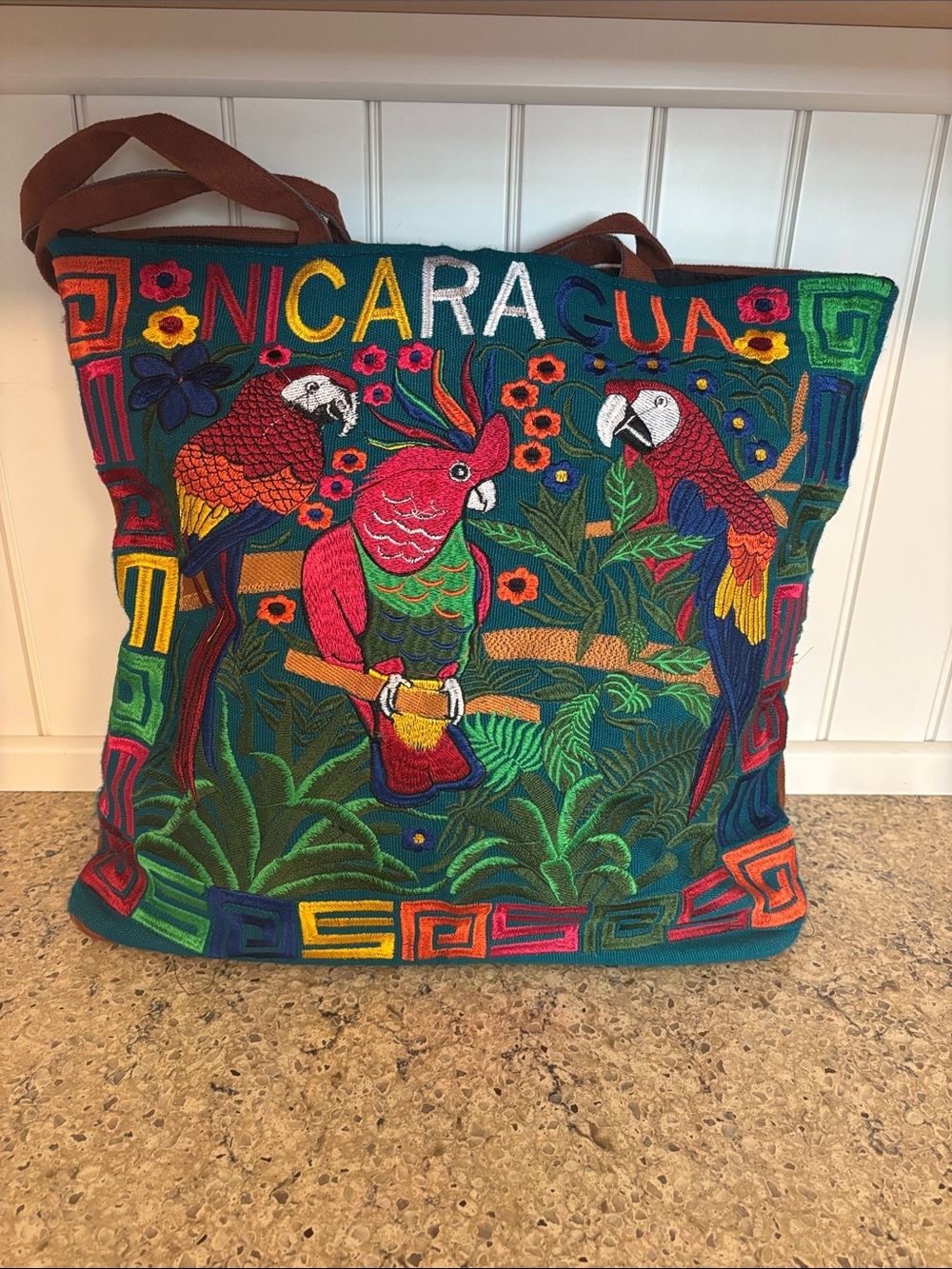 Handcrafted Nicaragua Parrot Tote Bag - Multicolor Embroidered Front w/ Suede